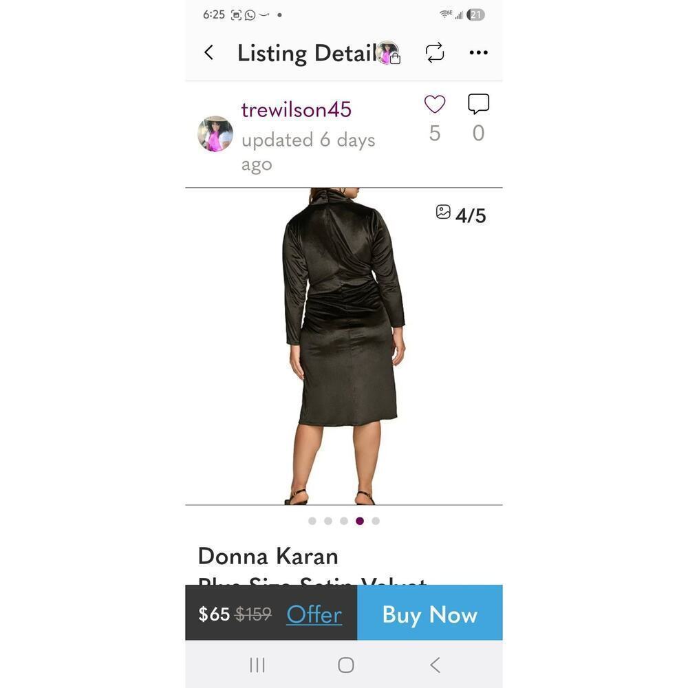 Donna Karan Plus Size 24W Black Satin Velvet Ruched Midi Dress Long Sleeve Party - Picture 3 of 14